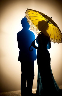 A romantic scene featuring a couple with their backs to each other, creating striking silhouettes against a softly lit background