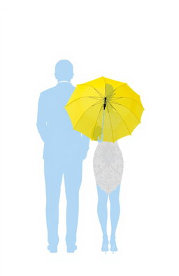 A couple standing with their backs to each other, featuring a male silhouette dressed in light blue, and a female silhouette in white with intricate detailing