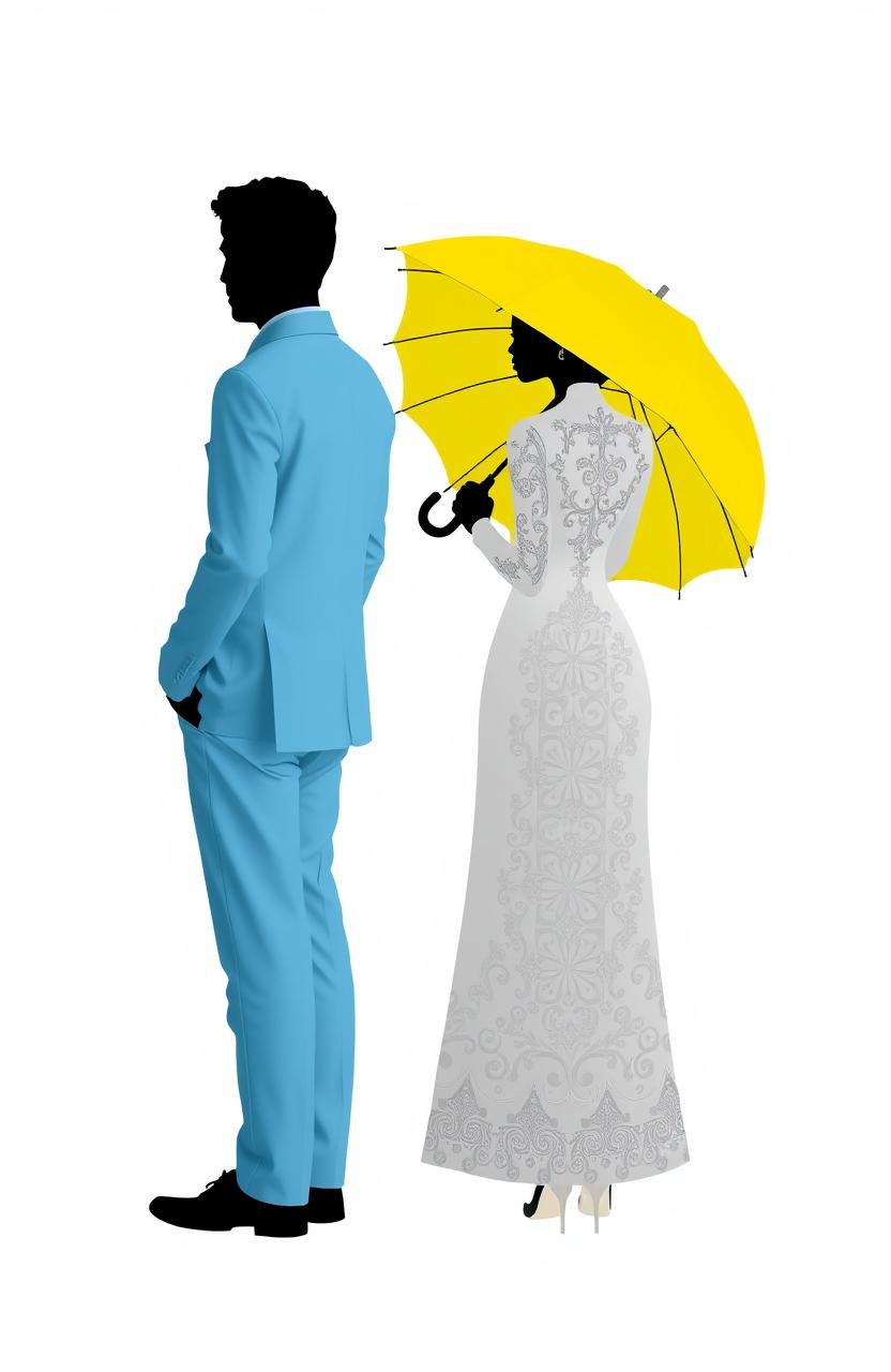 A couple standing with their backs to each other, featuring a male silhouette dressed in light blue, and a female silhouette in white with intricate detailing