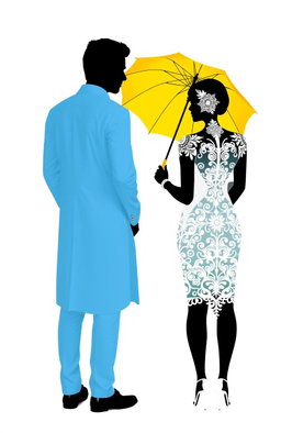 A couple standing with their backs to each other, featuring a male silhouette dressed in light blue, and a female silhouette in white with intricate detailing