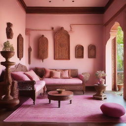 A cosy living room painted in a soft pink shade, adorned with rich, polished wooden furniture featuring traditional Indian carvings and motifs