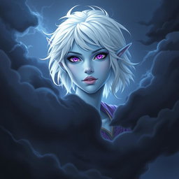In the style of stunning DnD character art, Maeve is portrayed as a striking figure with luminous light blue skin and elegant elven ears