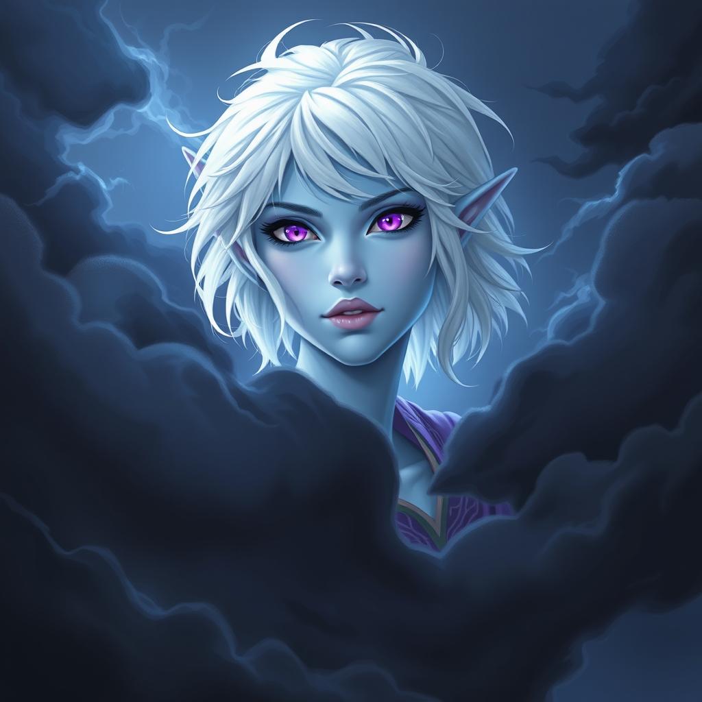 In the style of stunning DnD character art, Maeve is portrayed as a striking figure with luminous light blue skin and elegant elven ears