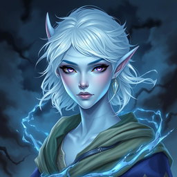 In the style of stunning DnD character art, Maeve is portrayed as a striking figure with luminous light blue skin and elegant elven ears