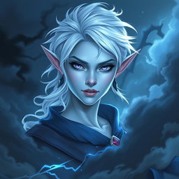 In the style of stunning DnD character art, Maeve is portrayed as a striking figure with luminous light blue skin and elegant elven ears