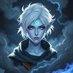 In the style of stunning DnD character art, Maeve is portrayed as a striking figure with luminous light blue skin and elegant elven ears