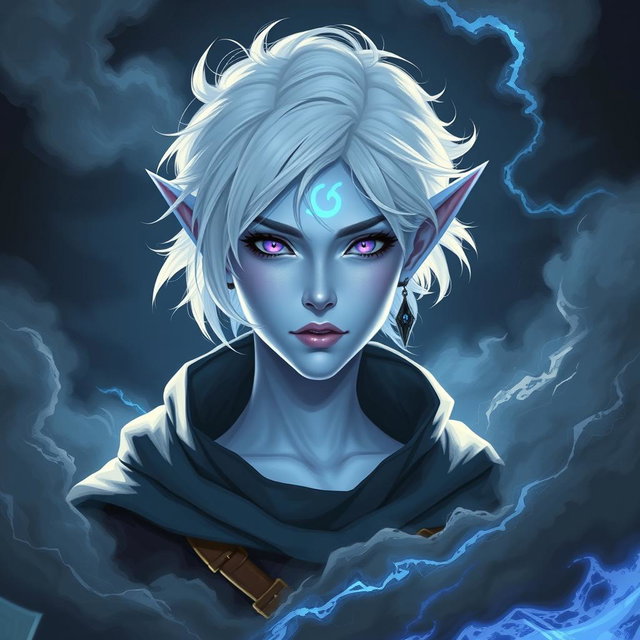 In the style of stunning DnD character art, Maeve is portrayed as a striking figure with luminous light blue skin and elegant elven ears
