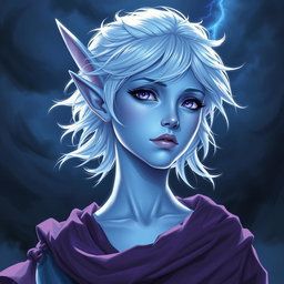 In the captivating style of DnD character art, Maeve is depicted as a striking figure with radiant light blue skin and elegantly pointed elven ears