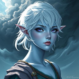 In the captivating style of DnD character art, Maeve is depicted as a striking figure with radiant light blue skin and elegantly pointed elven ears