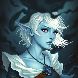 In the captivating style of DnD character art, Maeve is depicted as a striking figure with radiant light blue skin and elegantly pointed elven ears