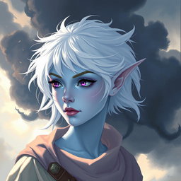 In the captivating style of DnD character art, Maeve is depicted as a striking figure with radiant light blue skin and elegantly pointed elven ears