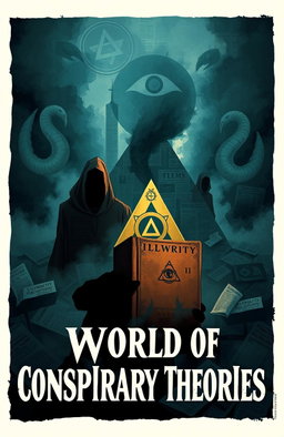 An illustration of a mysterious and shadowy scene representing the book 'World of Conspiracy Theories'