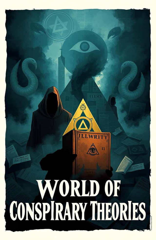 An illustration of a mysterious and shadowy scene representing the book 'World of Conspiracy Theories'