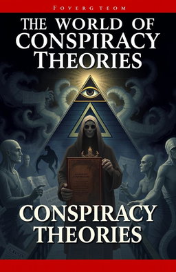 An illustration of a mysterious and shadowy scene representing the book 'World of Conspiracy Theories'