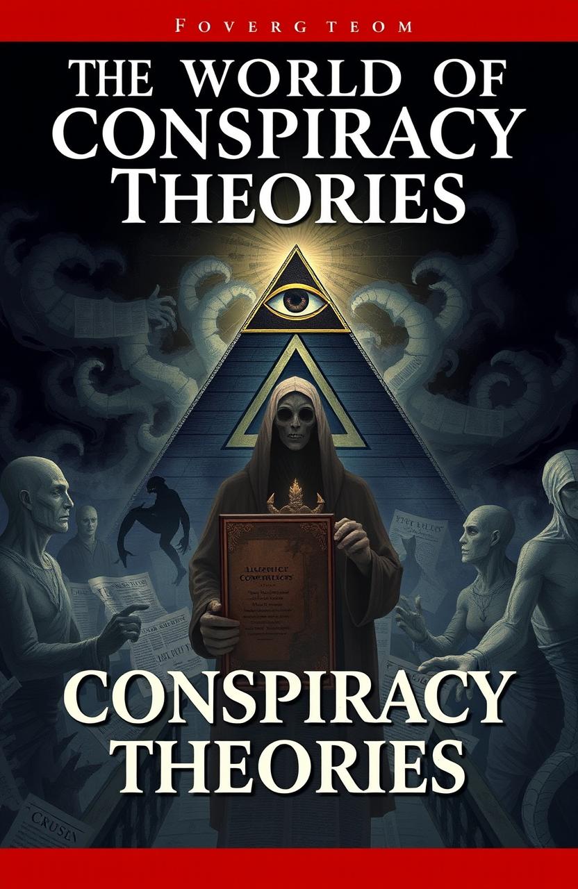 An illustration of a mysterious and shadowy scene representing the book 'World of Conspiracy Theories'