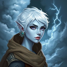 In the captivating style of DnD character art, Maeve is illustrated as a striking figure, showcasing her light blue skin and elegant elven ears