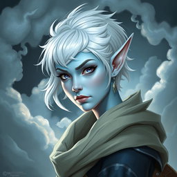 In the captivating style of DnD character art, Maeve is illustrated as a striking figure, showcasing her light blue skin and elegant elven ears
