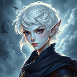 In the captivating style of DnD character art, Maeve is illustrated as a striking figure, showcasing her light blue skin and elegant elven ears