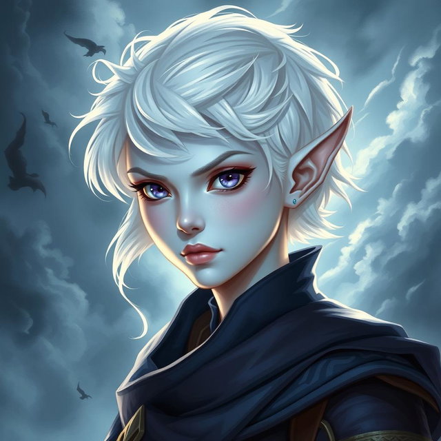 In the captivating style of DnD character art, Maeve is illustrated as a striking figure, showcasing her light blue skin and elegant elven ears