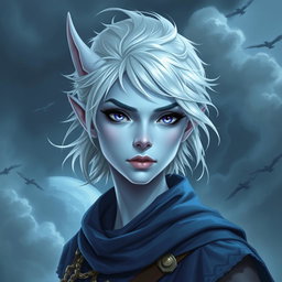 In the captivating style of DnD character art, Maeve is illustrated as a striking figure, showcasing her light blue skin and elegant elven ears