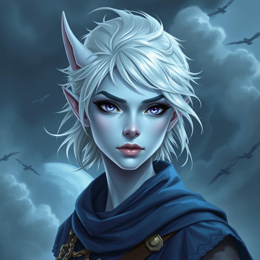 In the captivating style of DnD character art, Maeve is illustrated as a striking figure, showcasing her light blue skin and elegant elven ears