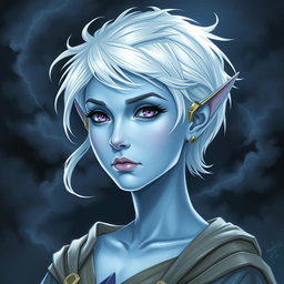In the enchanting style of DnD character art, Maeve is illustrated as a striking figure, characterized by her light blue skin and elegantly pointed elven ears