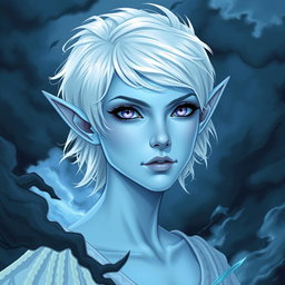 In the enchanting style of DnD character art, Maeve is illustrated as a striking figure, characterized by her light blue skin and elegantly pointed elven ears