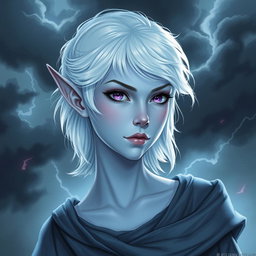 In the enchanting style of DnD character art, Maeve is illustrated as a striking figure, characterized by her light blue skin and elegantly pointed elven ears