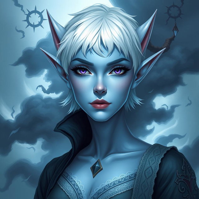 In the enchanting style of DnD character art, Maeve is illustrated as a striking figure, characterized by her light blue skin and elegantly pointed elven ears