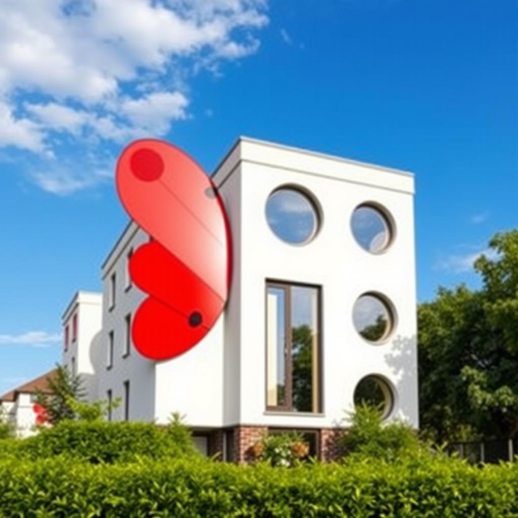 A residence elevation inspired by the graceful wings of a ladybird, featuring the left side of the building designed to mimic the delicate structure of ladybird wings