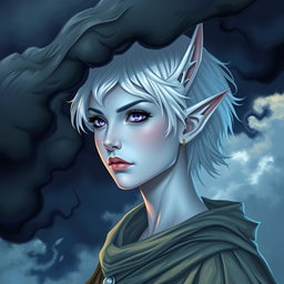 In the distinctive style of DnD character art, Maeve is presented as a striking figure with beautifully light blue skin and elegantly pointed elven ears