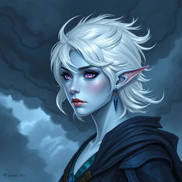 In the distinctive style of DnD character art, Maeve is presented as a striking figure with beautifully light blue skin and elegantly pointed elven ears