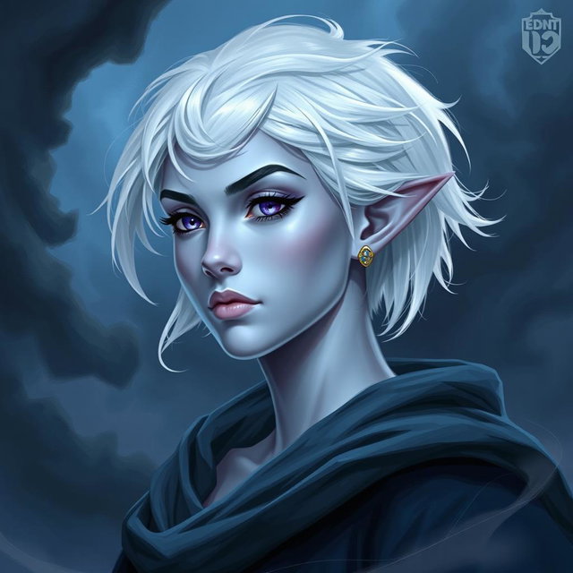 In the distinctive style of DnD character art, Maeve is presented as a striking figure with beautifully light blue skin and elegantly pointed elven ears