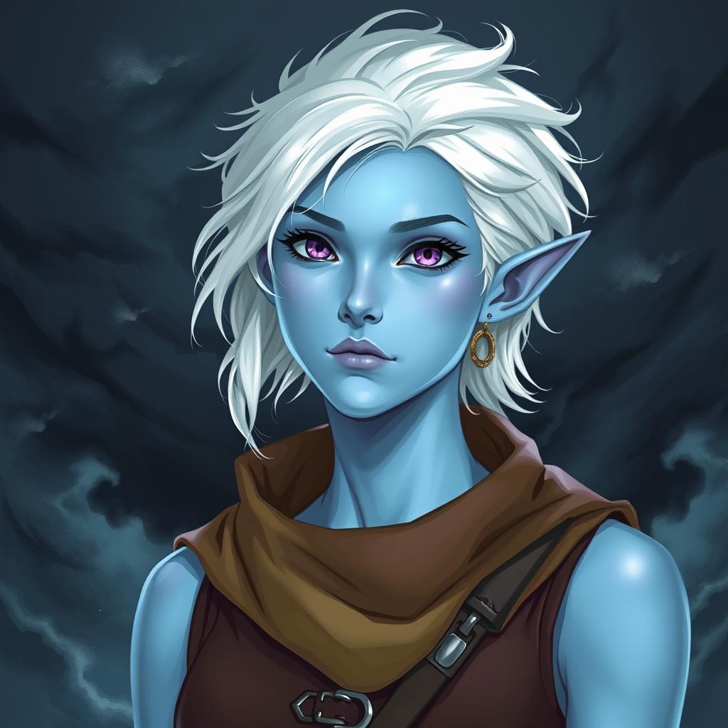 In the distinctive style of DnD character art, Maeve is presented as a striking figure with beautifully light blue skin and elegantly pointed elven ears