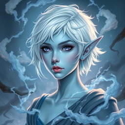 In the enchanting style of DnD character art, Maeve is depicted as a striking figure with mesmerizing light blue skin and distinctly pointed elven ears