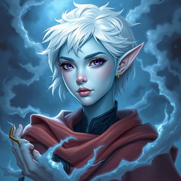 In the enchanting style of DnD character art, Maeve is depicted as a striking figure with mesmerizing light blue skin and distinctly pointed elven ears