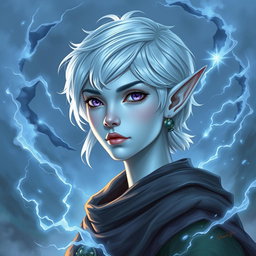 In the enchanting style of DnD character art, Maeve is depicted as a striking figure with mesmerizing light blue skin and distinctly pointed elven ears