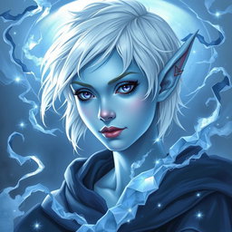 In the enchanting style of DnD character art, Maeve is depicted as a striking figure with mesmerizing light blue skin and distinctly pointed elven ears