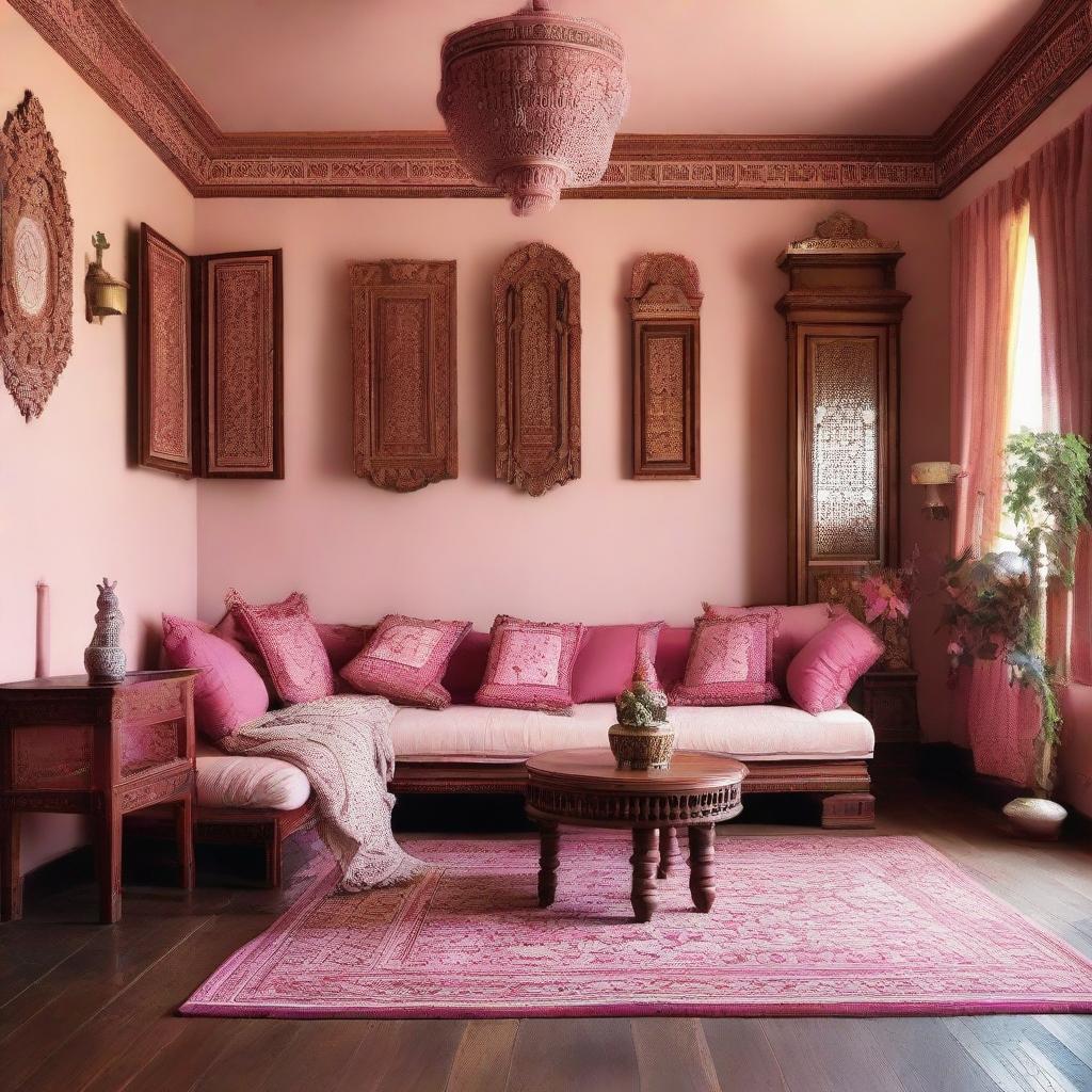 A cosy living room painted in a soft pink shade, adorned with rich, polished wooden furniture featuring traditional Indian carvings and motifs