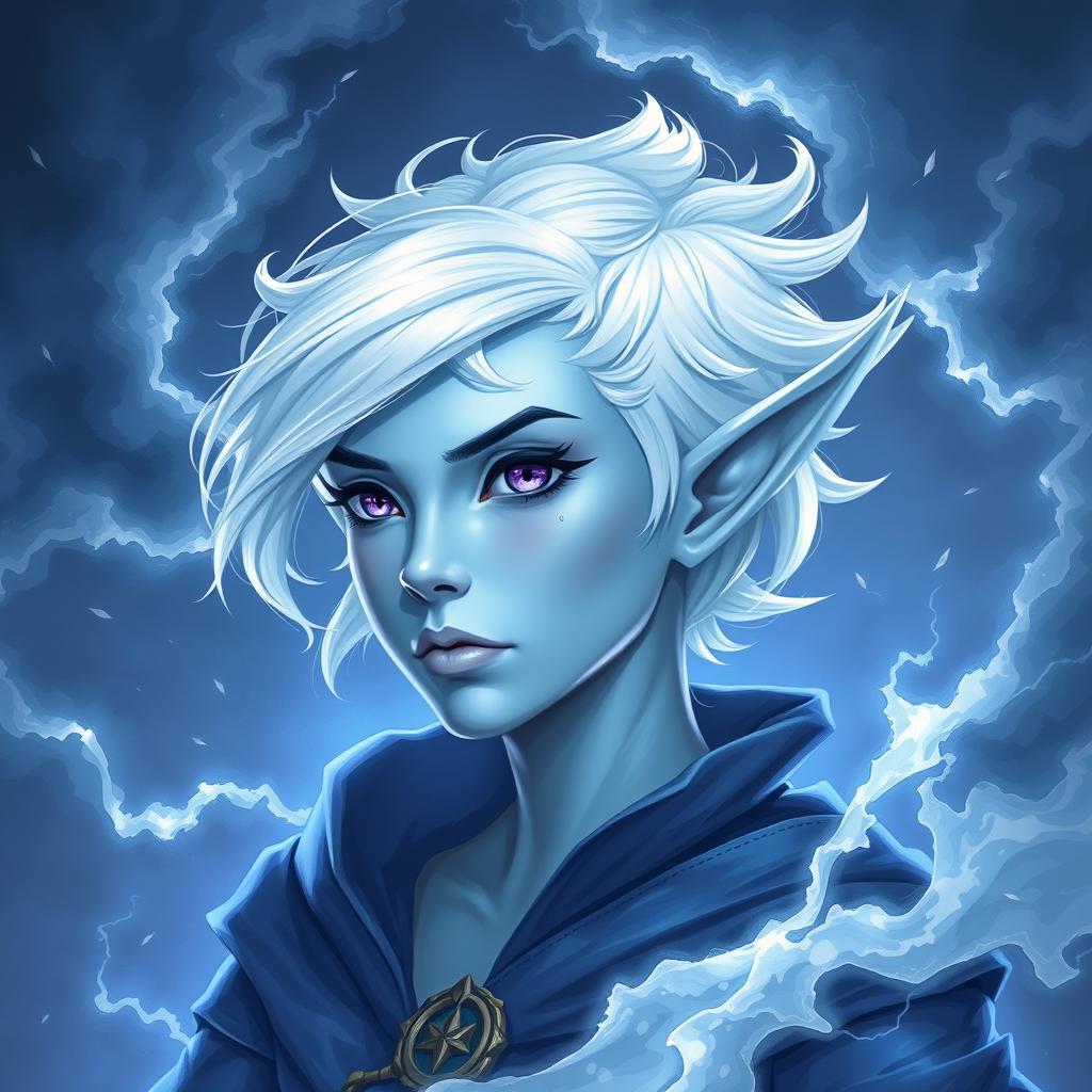 In the captivating style of DnD character art, Maeve is depicted as a striking and powerful figure, with her light blue skin and elongated, graceful elven ears