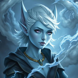 In the captivating style of DnD character art, Maeve is depicted as a striking and powerful figure, with her light blue skin and elongated, graceful elven ears