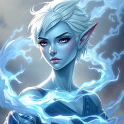 In the captivating style of DnD character art, Maeve is depicted as a striking and powerful figure, with her light blue skin and elongated, graceful elven ears