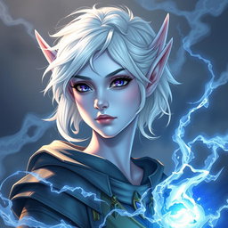 In the captivating style of DnD character art, Maeve is depicted as a striking and powerful figure, with her light blue skin and elongated, graceful elven ears