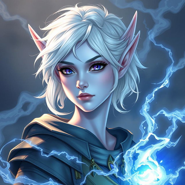In the captivating style of DnD character art, Maeve is depicted as a striking and powerful figure, with her light blue skin and elongated, graceful elven ears