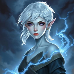 In the captivating style of DnD character art, Maeve stands as a striking figure with ethereal light blue skin and gracefully pointed elven ears