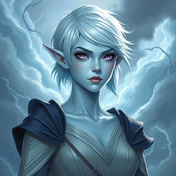 In the captivating style of DnD character art, Maeve stands as a striking figure with ethereal light blue skin and gracefully pointed elven ears