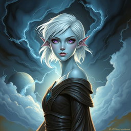 In the captivating style of DnD character art, Maeve stands as a striking figure with ethereal light blue skin and gracefully pointed elven ears