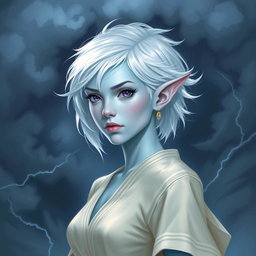 In the captivating style of DnD character art, Maeve stands as a striking figure with ethereal light blue skin and gracefully pointed elven ears