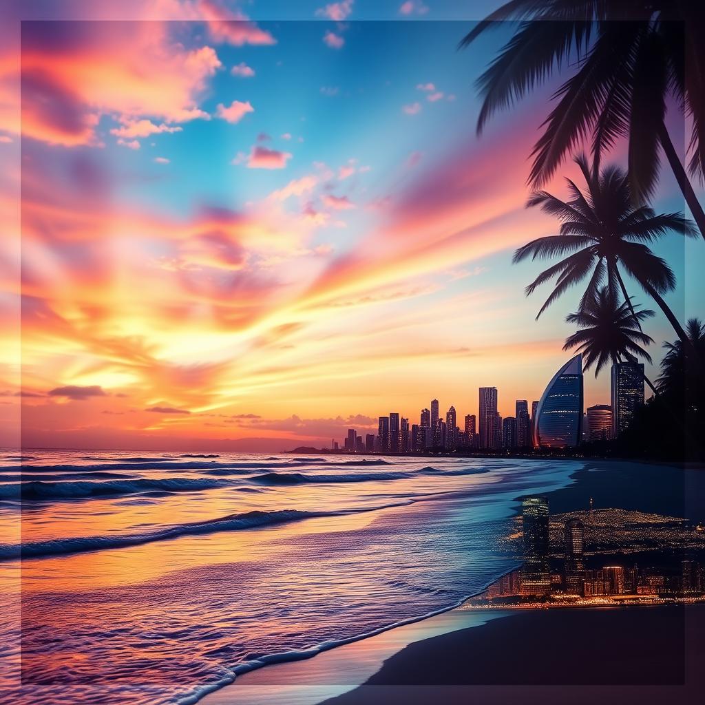 A beautifully blended photo collage featuring a serene sunset over a beach, with gentle waves lapping at the shore and a colorful sky filled with hues of orange, pink, and purple