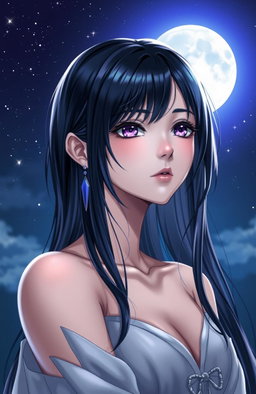 A beautiful young woman of the Night Goddess lineage, with shiny black hair illuminated by moonlight, violet eyes that captivate, wearing a simple yet elegant outfit